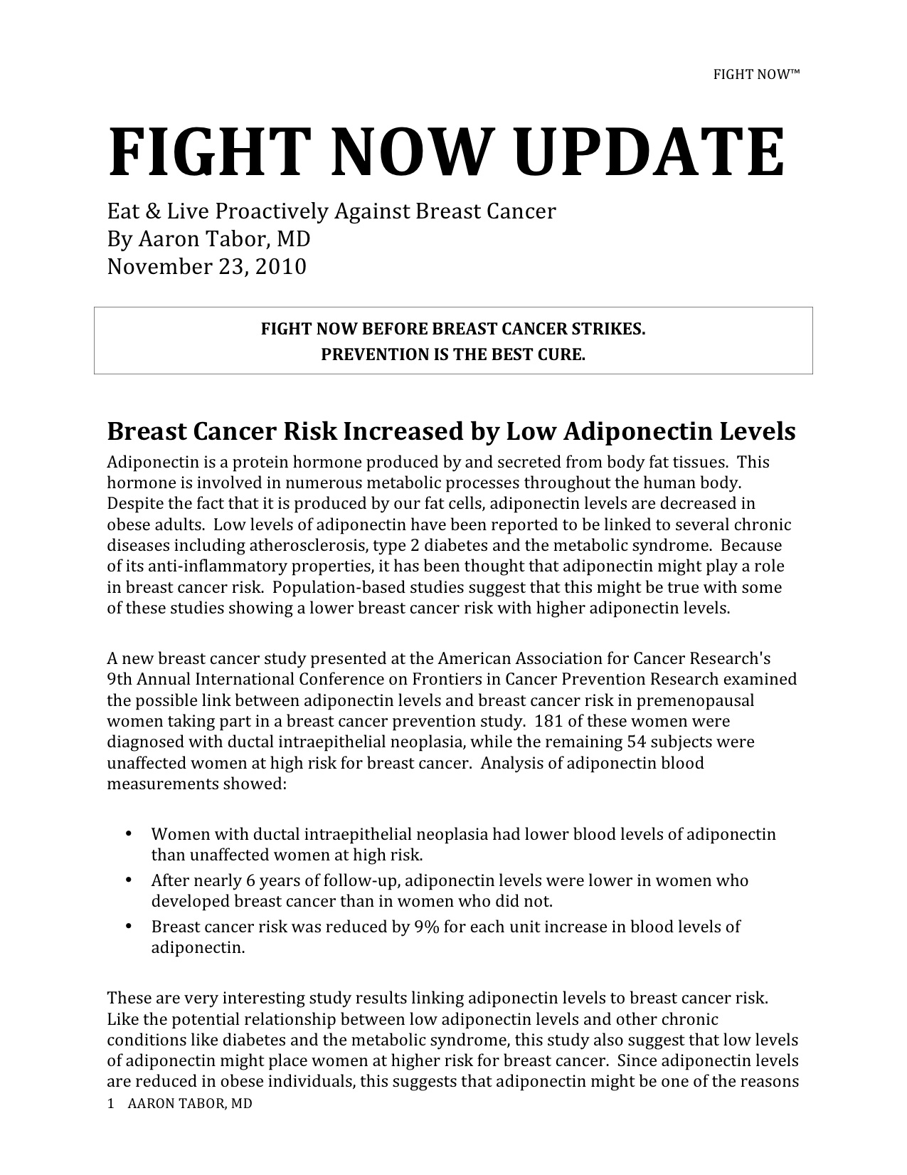 Fight Now Breast Cancer Newsletter - November 23rd, 2010
