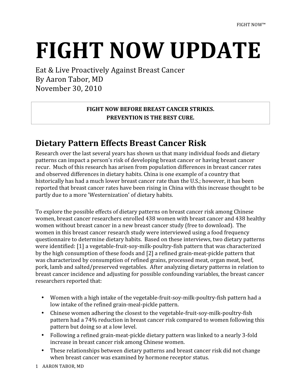 Fight Now Breast Cancer Newsletter - November 30th, 2010