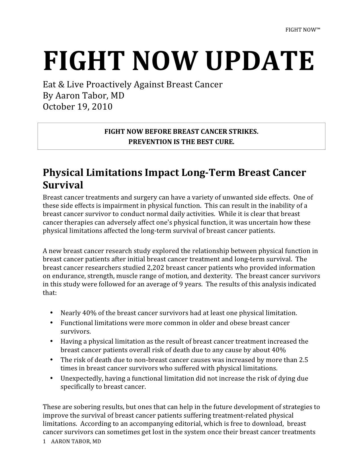 Fight Now Breast Cancer Newsletter - Oct 19th 2010